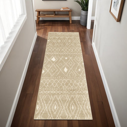 8' Sand And Ivory Geometric Power Loom Runner Rug