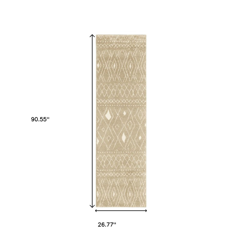 8' Sand And Ivory Geometric Power Loom Runner Rug