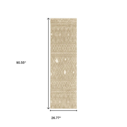 8' Sand And Ivory Geometric Power Loom Runner Rug