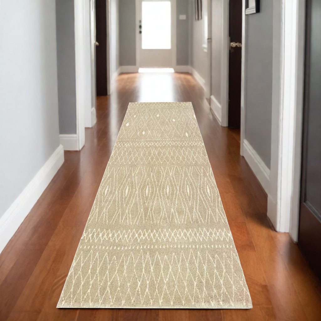 8' Sand And Ivory Geometric Power Loom Runner Rug