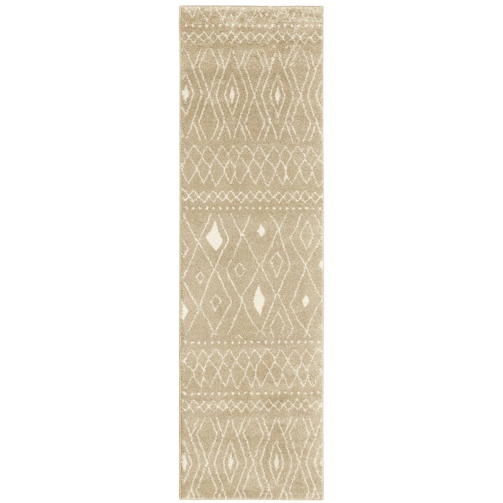8' Sand And Ivory Geometric Power Loom Runner Rug