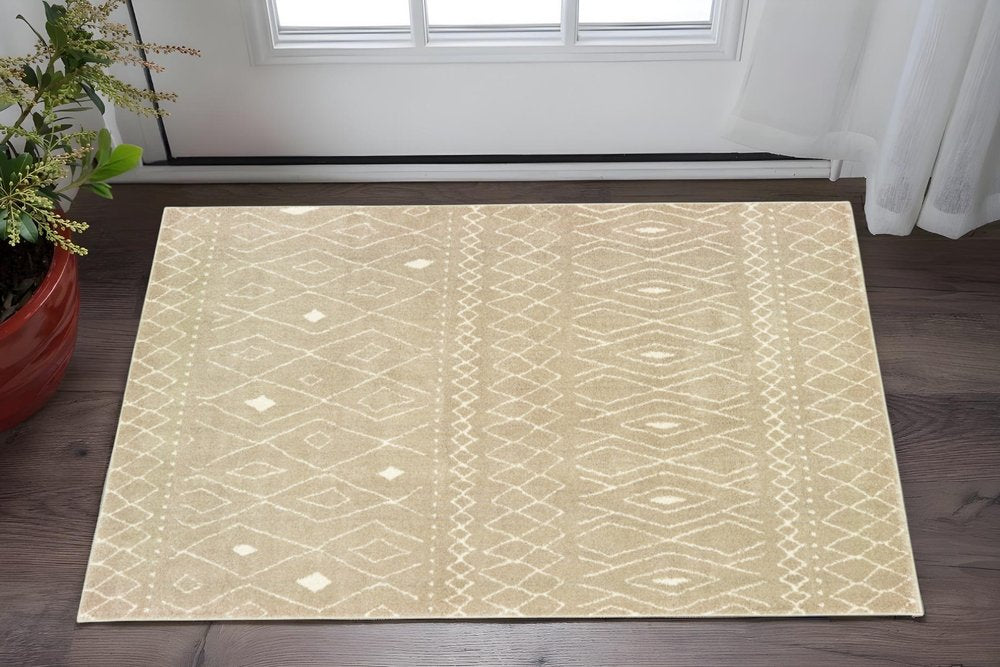 2' X 3' Sand And Ivory Geometric Power Loom Stain Resistant Area Rug