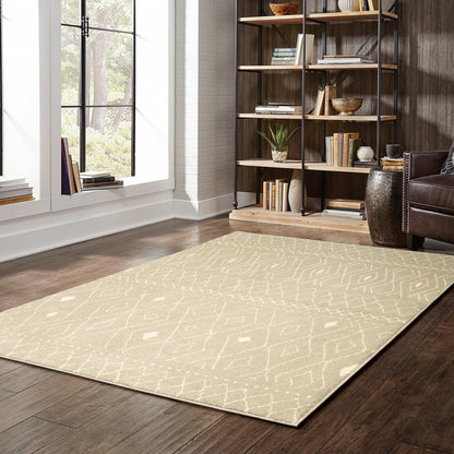 Sand geometric shag area rug on dark wood floor in a bright living room with a tall wood bookshelf and brown leather chair.