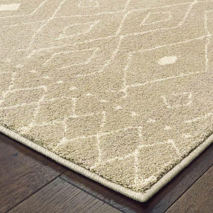 Sand shag area rug with subtle white geometric lines and fringe border on a dark wood floor.