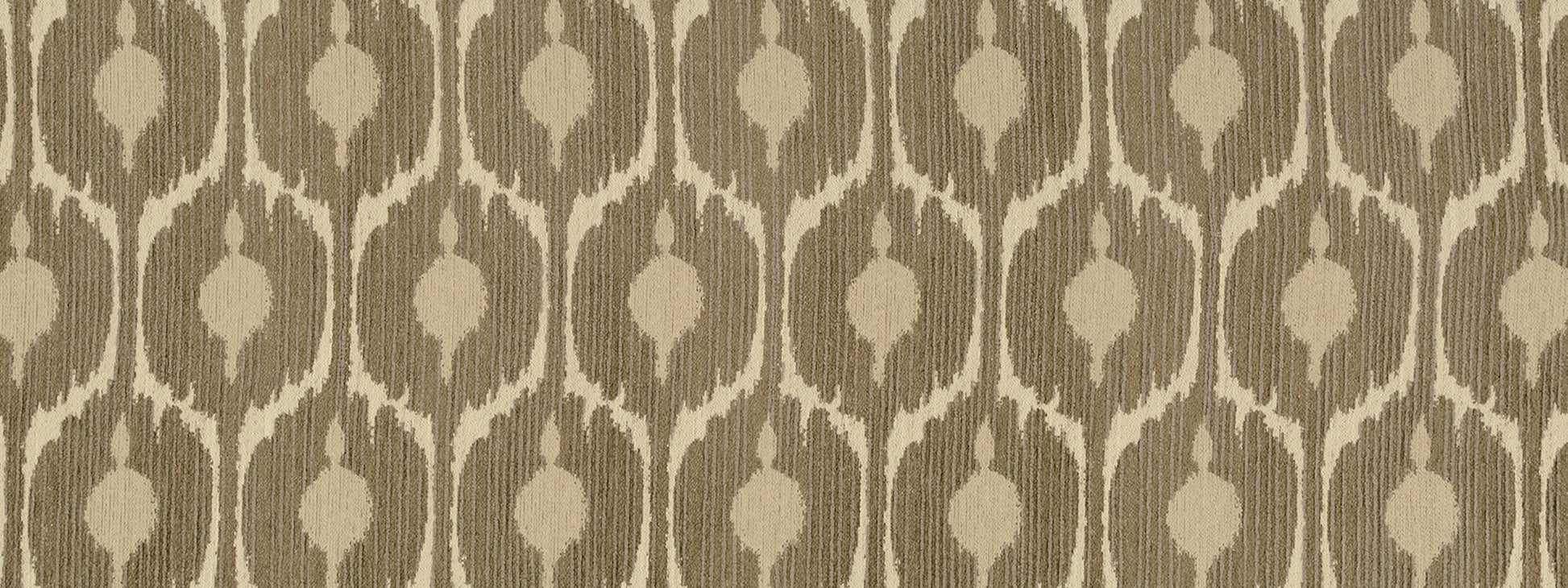 Beige and taupe damask-style fabric pattern with vertical oval motifs; elegant upholstery or drapery textile.
