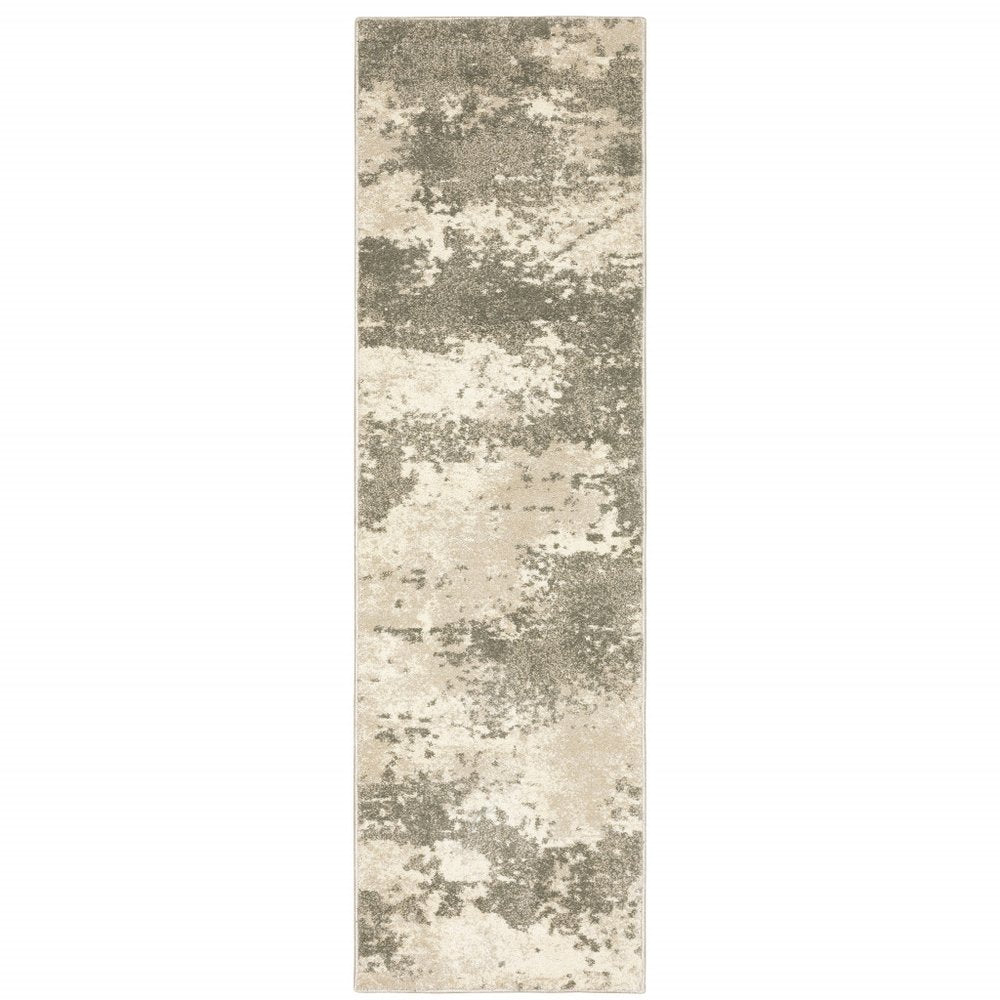 Neutral beige-gray distressed abstract Power Loom stain-resistant runner rug, 2' x 8', long narrow hallway mat.