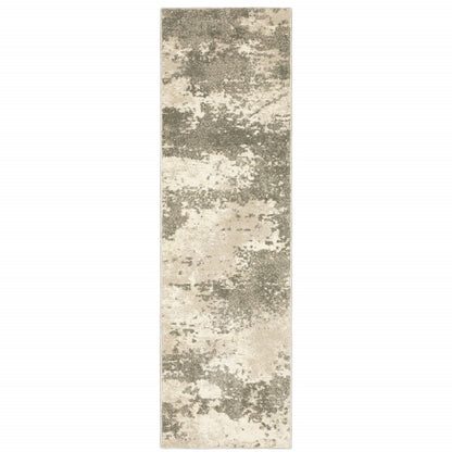 Neutral beige-gray distressed abstract Power Loom stain-resistant runner rug, 2' x 8', long narrow hallway mat.