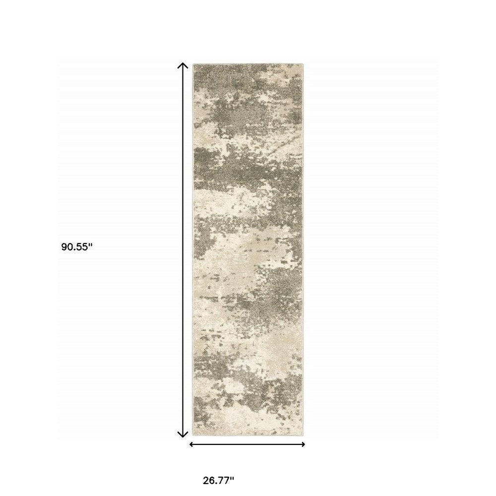 Neutral beige-gray abstract mottled rug runner, rectangular 90.55in x 26.77in, ideal hallway decor.