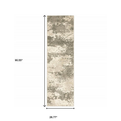 Neutral beige-gray abstract mottled rug runner, rectangular 90.55in x 26.77in, ideal hallway decor.