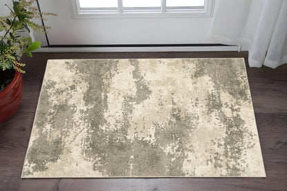 Beige and gray abstract-pattern area rug on dark wooden floor, with a red potted plant beside a white door.