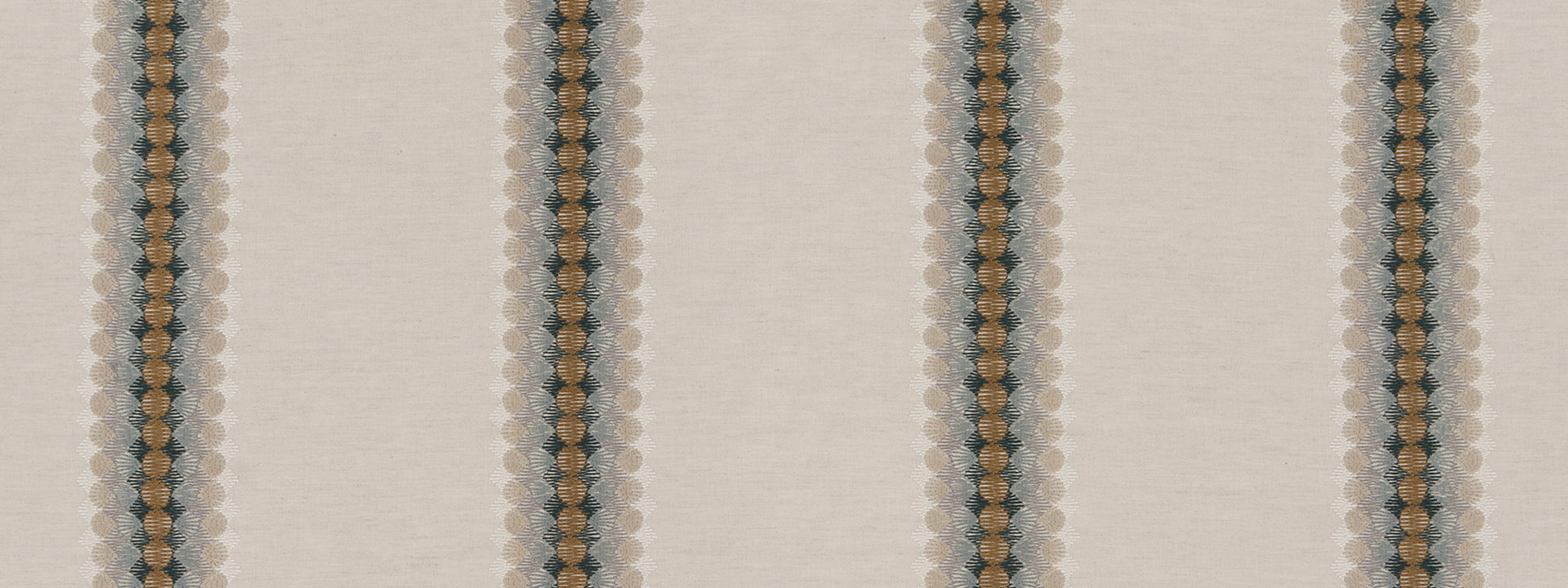 Beige fabric with a narrow vertical brown stripe and cream scalloped edging; striped upholstery or drapery fabric.