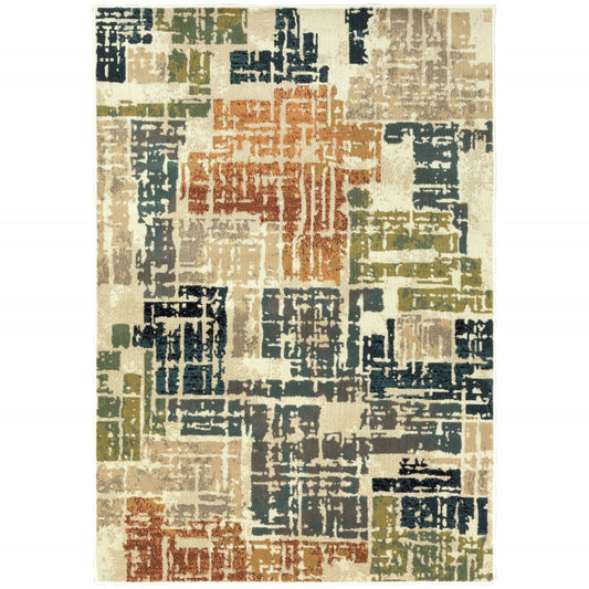 8' X 10' Beige Terracotta Green Navy And Grey Abstract Power Loom Stain Resistant Area Rug