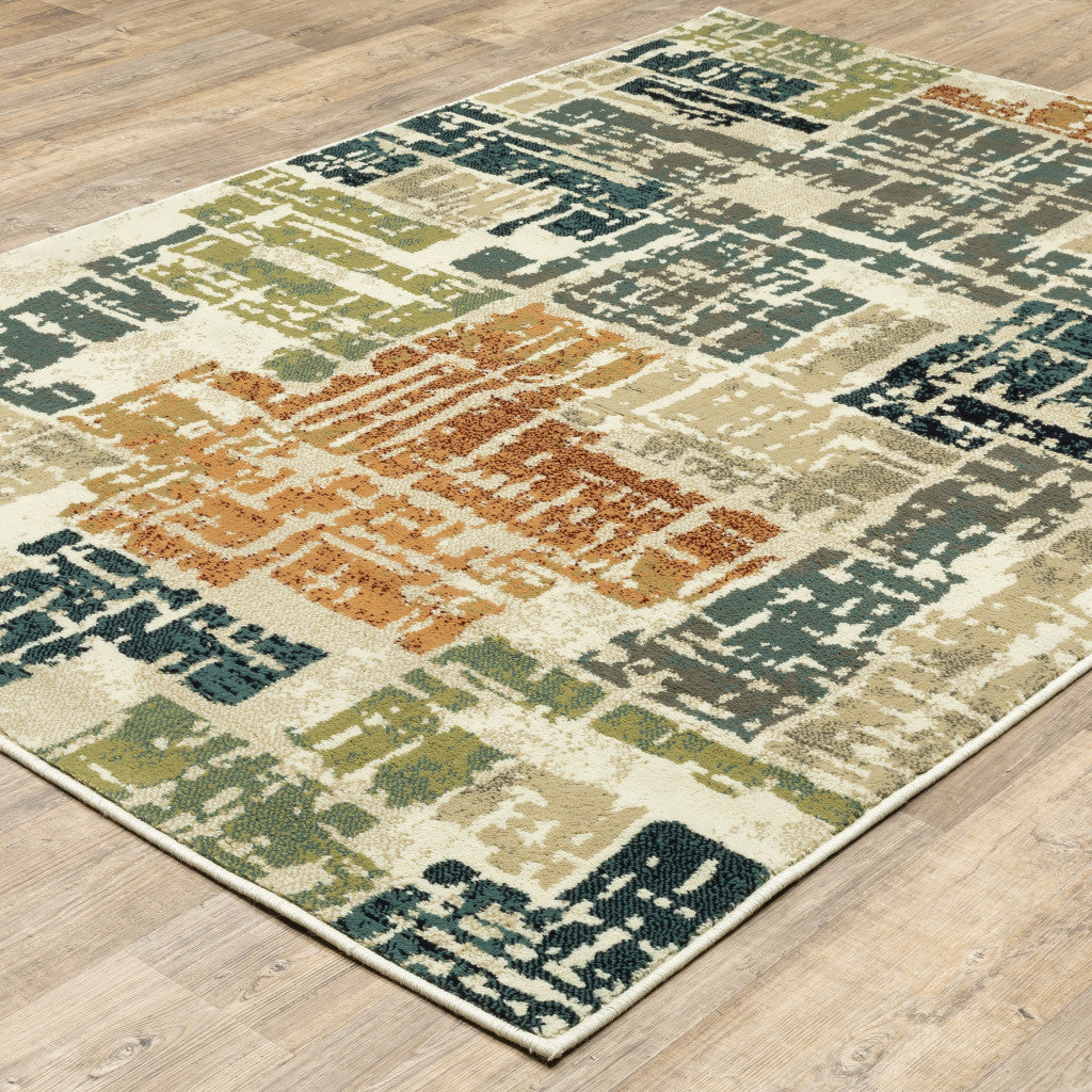 8' X 10' Beige Terracotta Green Navy And Grey Abstract Power Loom Stain Resistant Area Rug