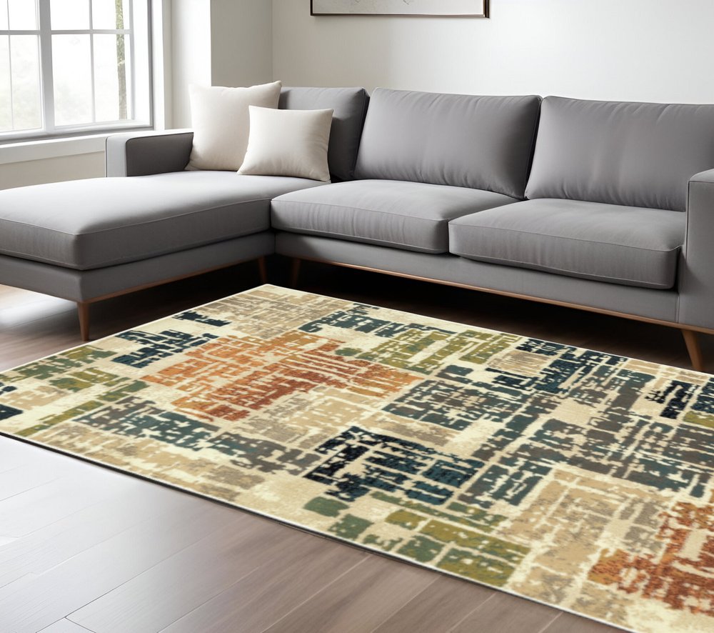 10' X 13' Beige Terracotta Green Navy And Grey Abstract Power Loom Stain Resistant Area Rug