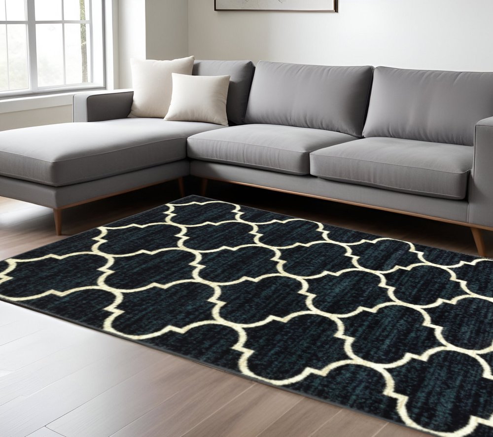 10' X 13' Navy And Ivory Geometric Power Loom Stain Resistant Area Rug