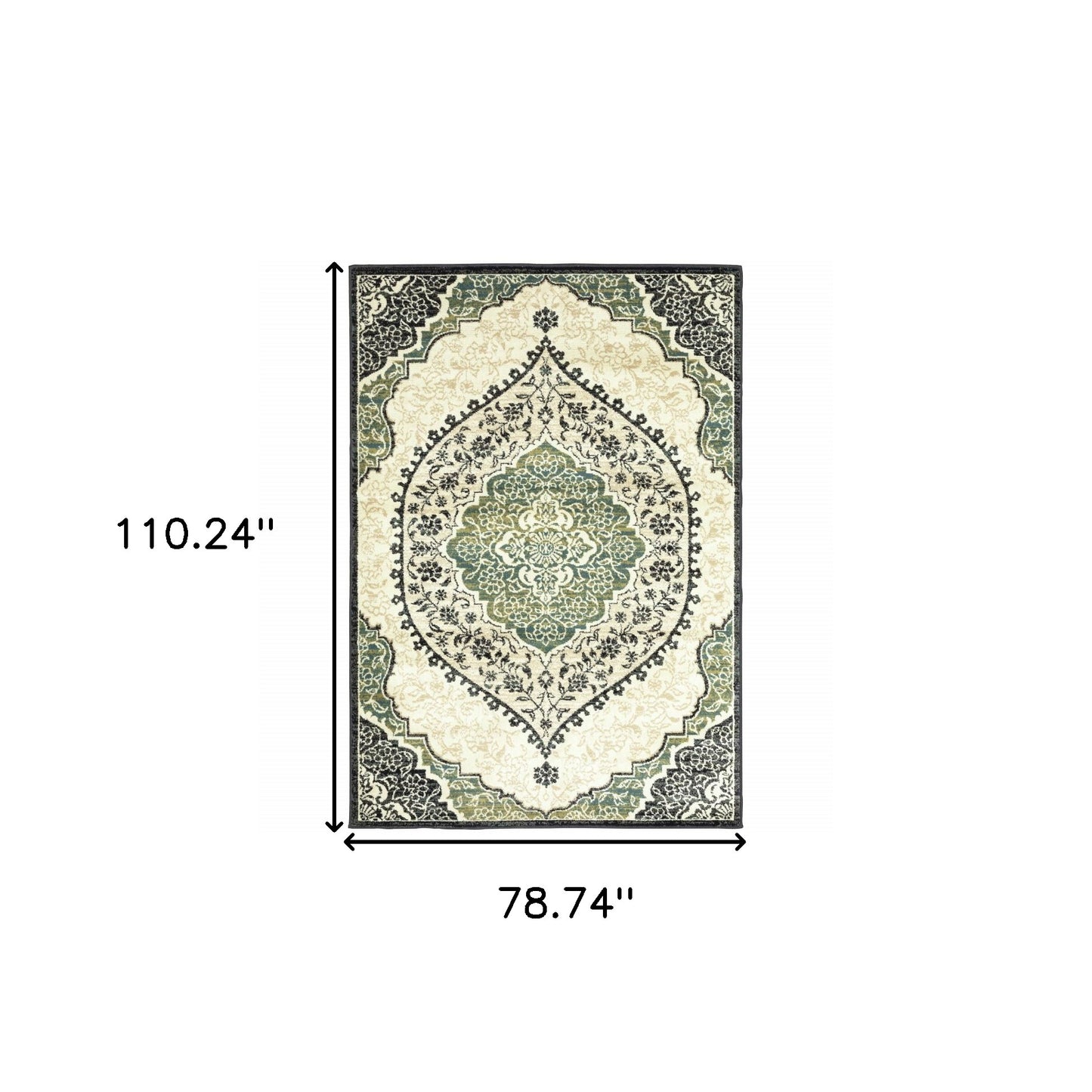 6' X 9' Ivory Navy And Green Oriental Power Loom Stain Resistant Area Rug