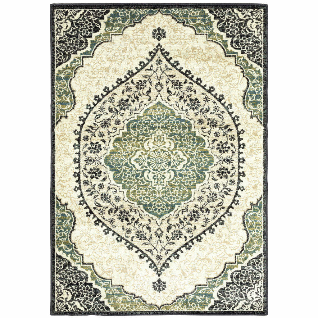 6' X 9' Ivory Navy And Green Oriental Power Loom Stain Resistant Area Rug