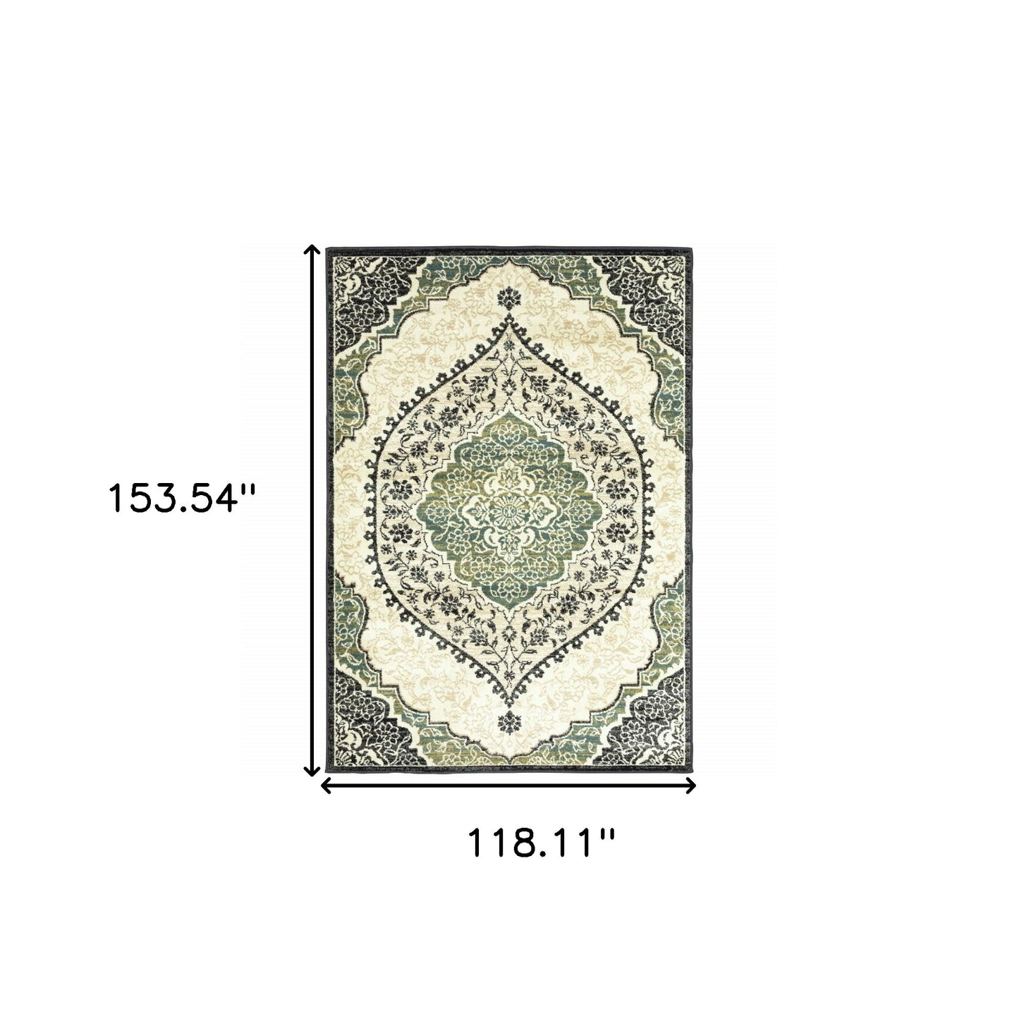 10' X 13' Ivory Navy And Green Oriental Power Loom Stain Resistant Area Rug