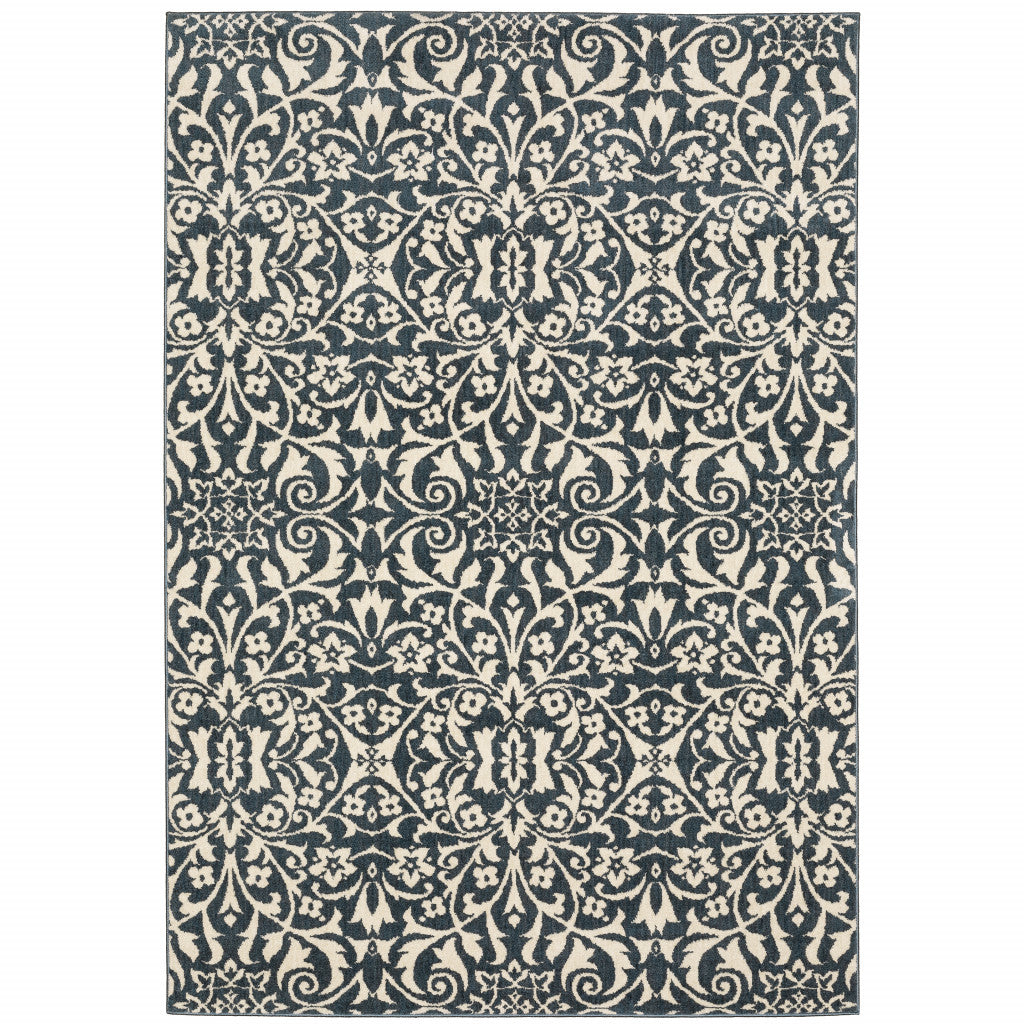 5' X 7' Blue And Ivory Floral Power Loom Stain Resistant Area Rug