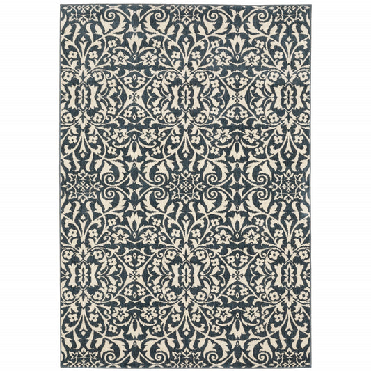 5' X 7' Blue And Ivory Floral Power Loom Stain Resistant Area Rug