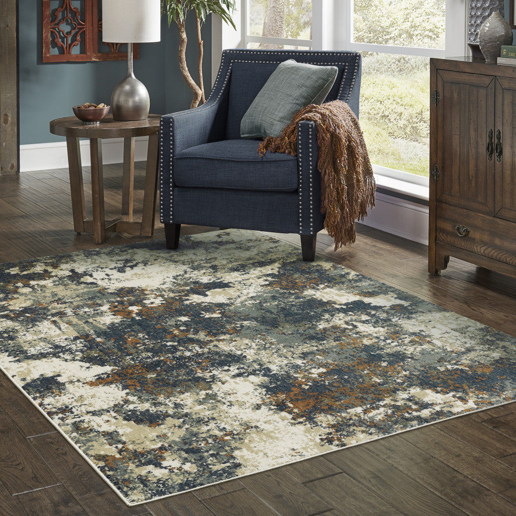 5' X 7' Blue Sage And Orange Abstract Power Loom Stain Resistant Area Rug