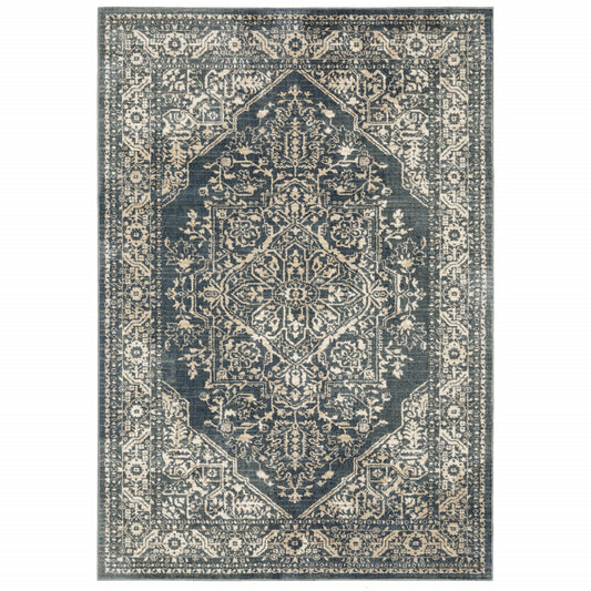 6' X 9' Beige Grey And Blue Oriental Power Loom Stain Resistant Area Rug