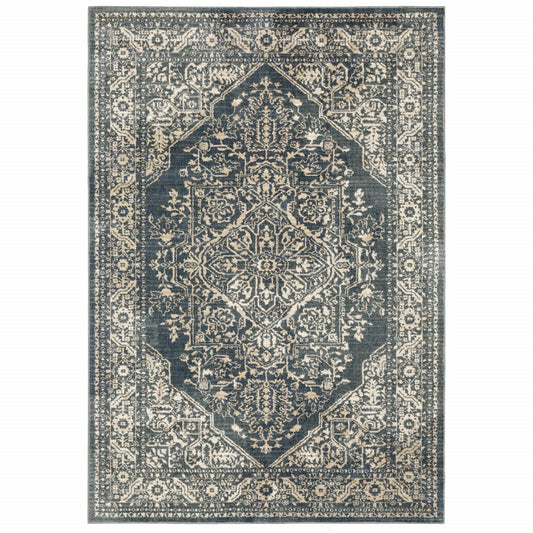 10' X 13' Beige Grey And Blue Oriental Power Loom Stain Resistant Area Rug