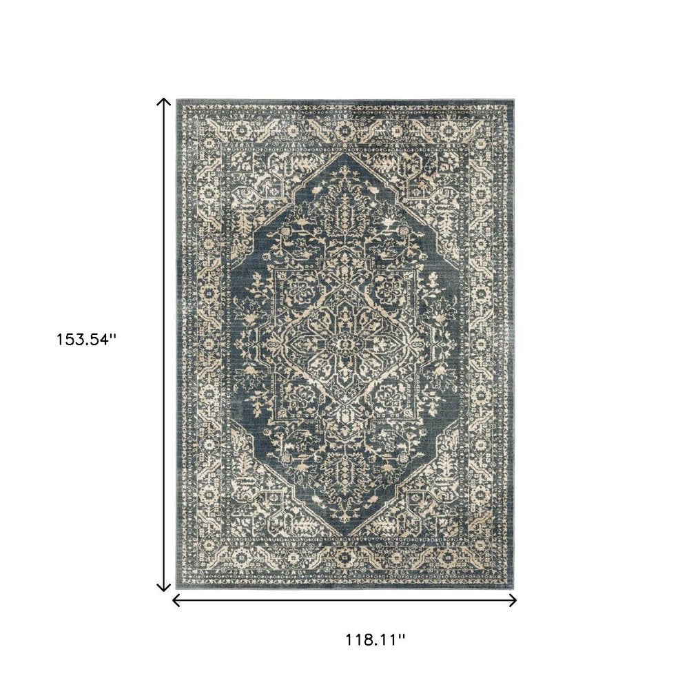 10' X 13' Beige Grey And Blue Oriental Power Loom Stain Resistant Area Rug