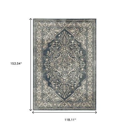 10' X 13' Beige Grey And Blue Oriental Power Loom Stain Resistant Area Rug
