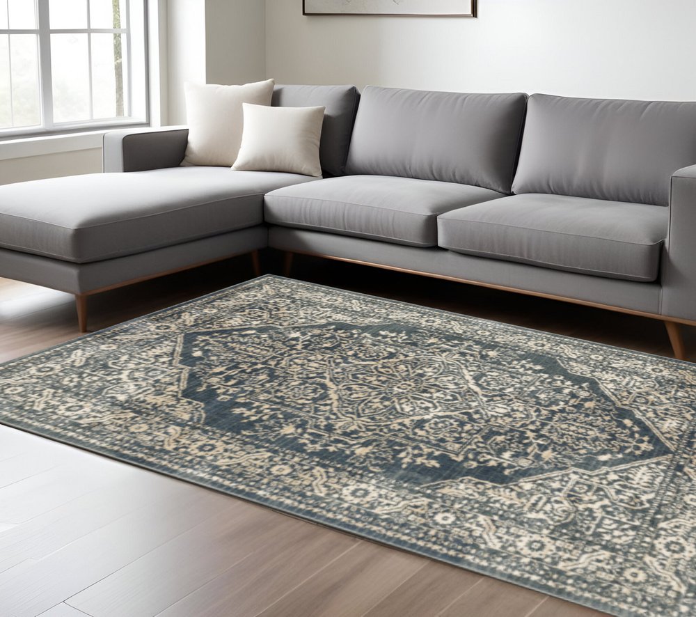 10' X 13' Beige Grey And Blue Oriental Power Loom Stain Resistant Area Rug