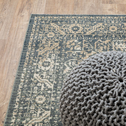 10' X 13' Beige Grey And Blue Oriental Power Loom Stain Resistant Area Rug