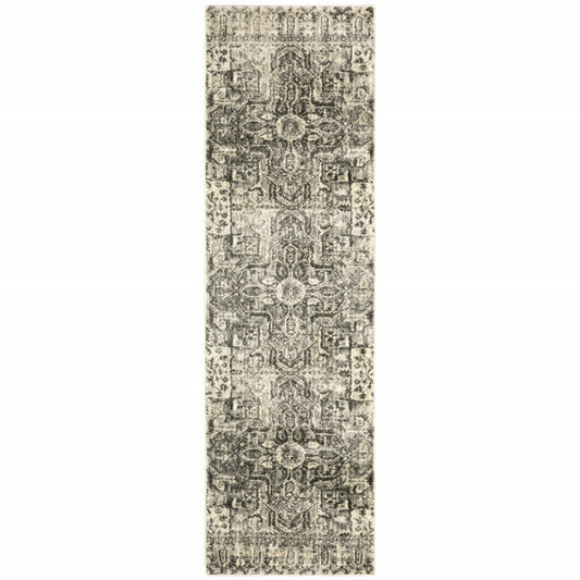 2' X 8' Grey Ivory And Brown Oriental Power Loom Stain Resistant Runner Rug