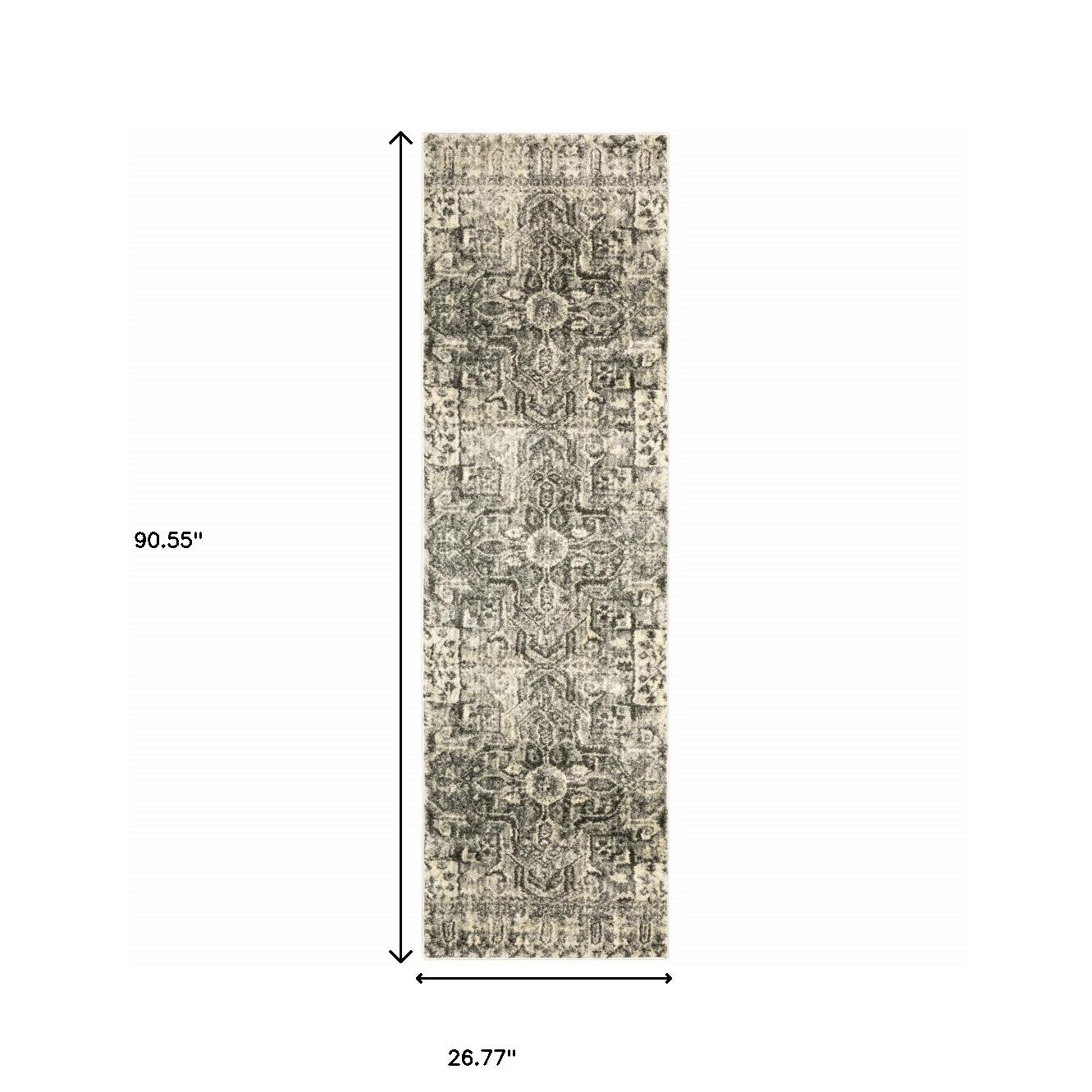 2' X 8' Grey Ivory And Brown Oriental Power Loom Stain Resistant Runner Rug