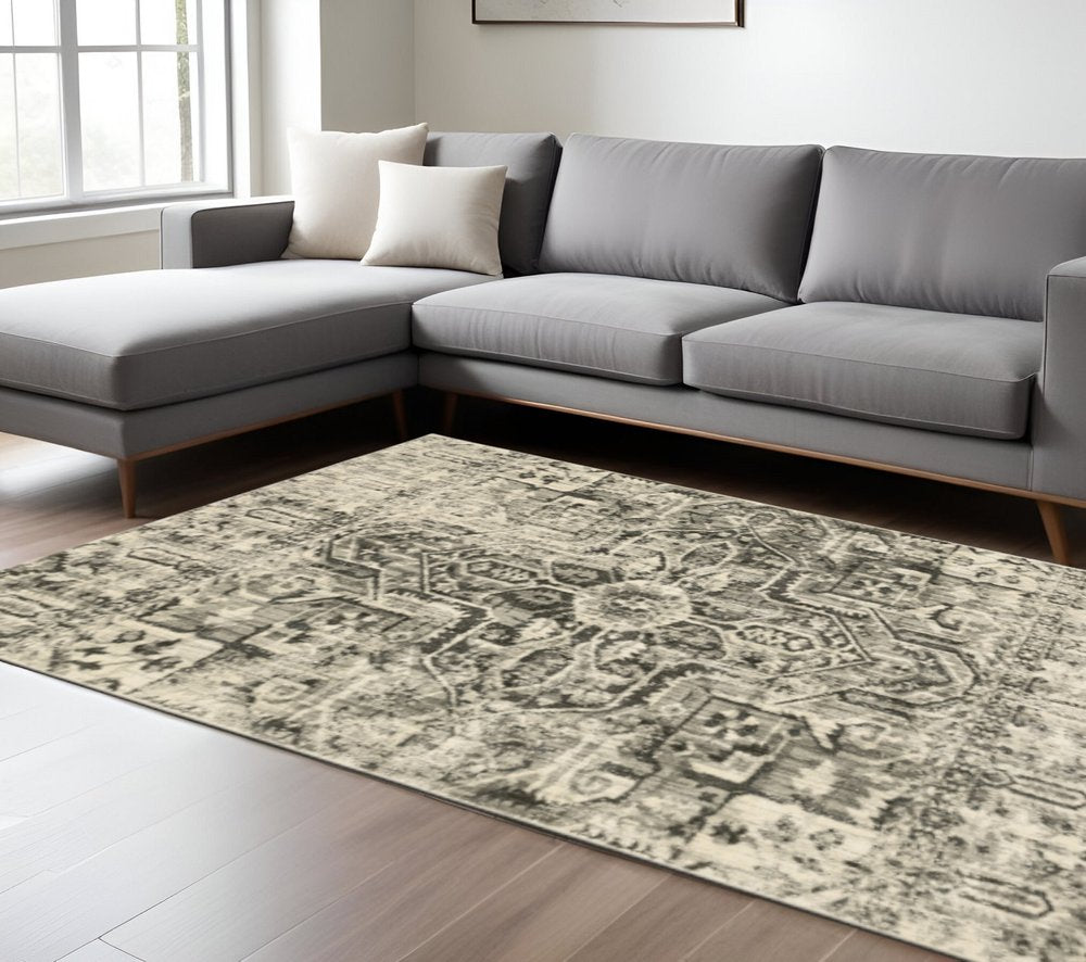 8' X 11' Grey Ivory And Brown Oriental Power Loom Stain Resistant Area Rug