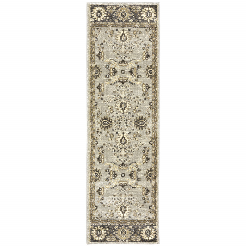 2' X 8' Grey Brown Tan And Beige Oriental Power Loom Stain Resistant Runner Rug