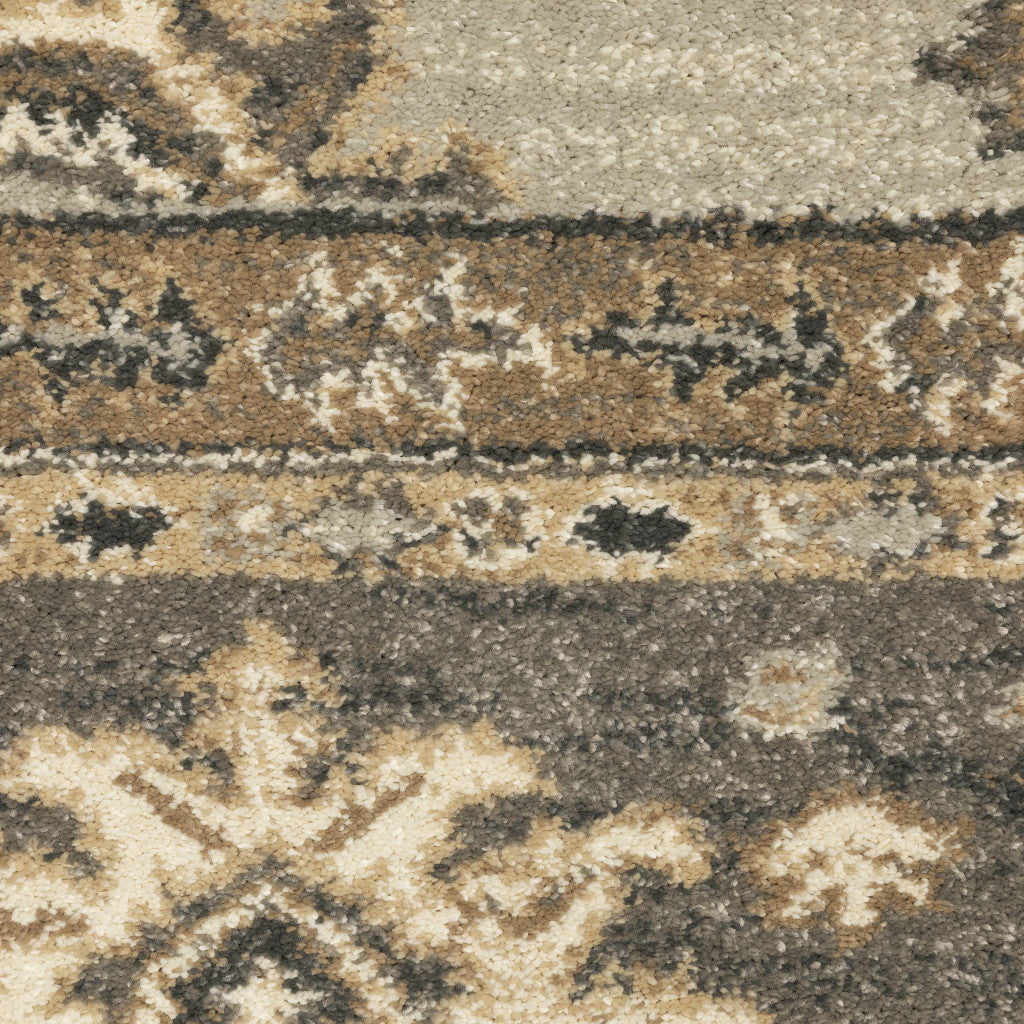 8' X 11' Grey Brown Tan And Beige Oriental Power Loom Stain Resistant Area Rug