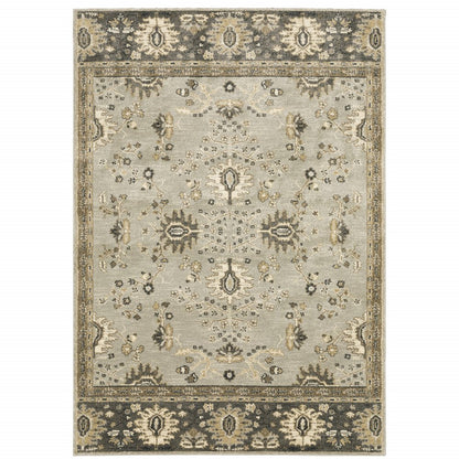 10' X 13' Grey Brown Tan And Beige Oriental Power Loom Stain Resistant Area Rug
