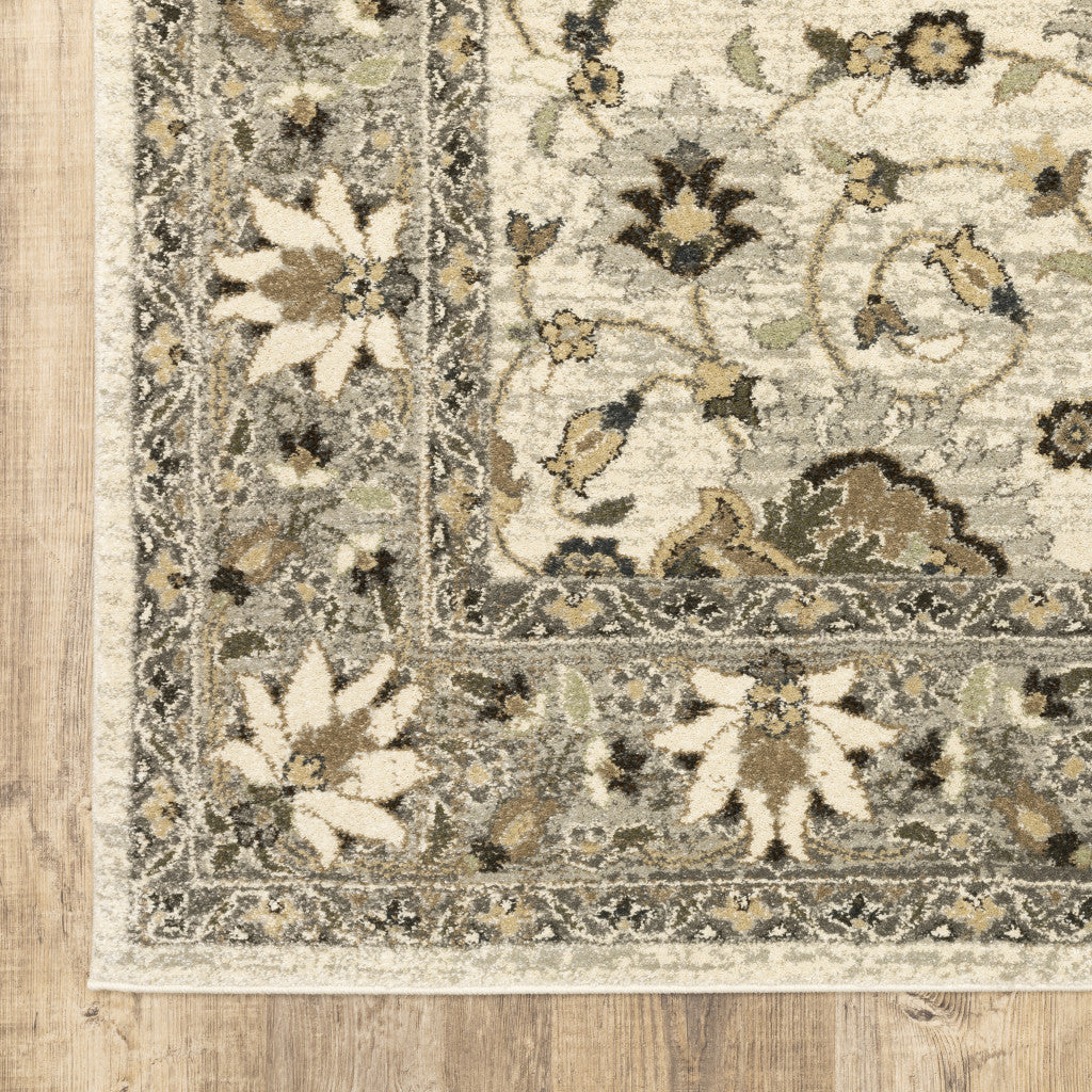 5' X 8' Beige Grey Brown And Charcoal Oriental Power Loom Stain Resistant Area Rug