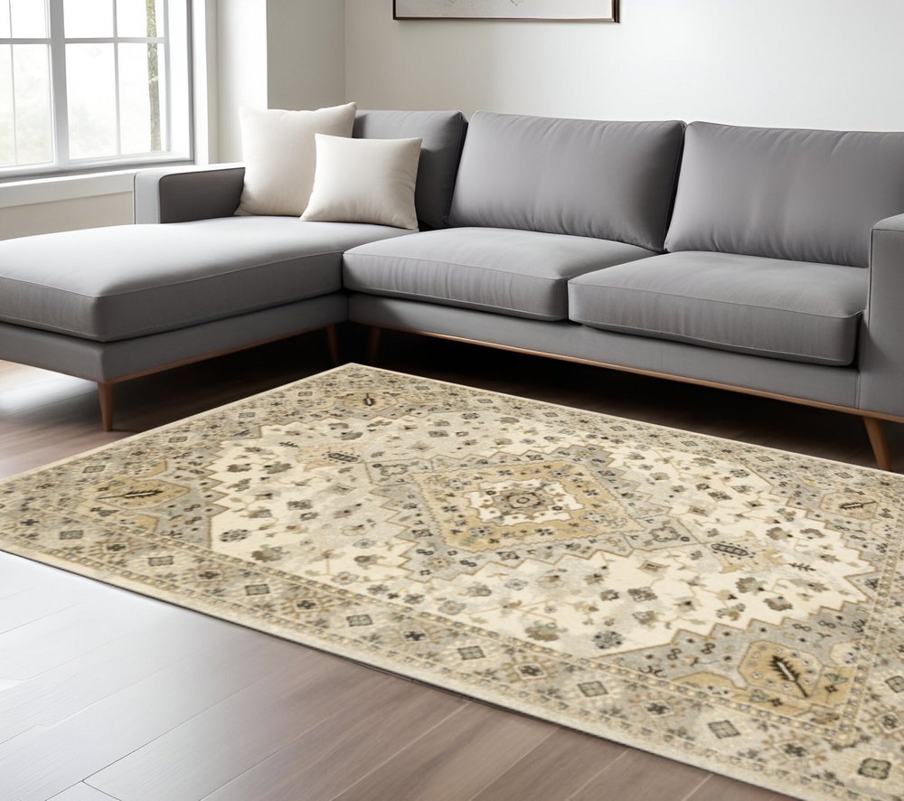 10' X 13' Beige Grey Tan And Brown Oriental Power Loom Stain Resistant Area Rug