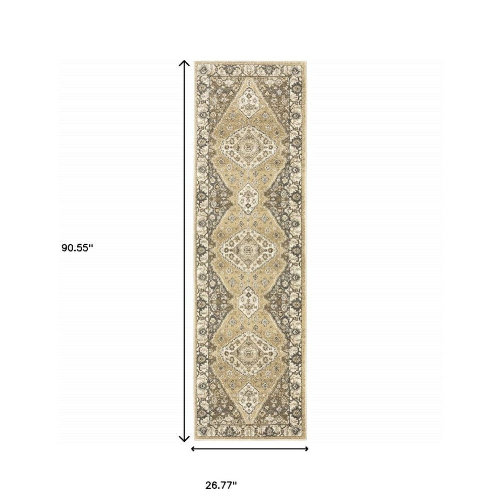 2' X 8' Beige Grey Tan And Charcoal Oriental Power Loom Stain Resistant Runner Rug