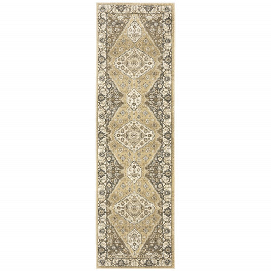 2' X 8' Beige Grey Tan And Charcoal Oriental Power Loom Stain Resistant Runner Rug