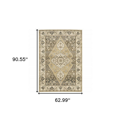 5' X 8' Beige Grey Tan And Charcoal Oriental Power Loom Stain Resistant Area Rug
