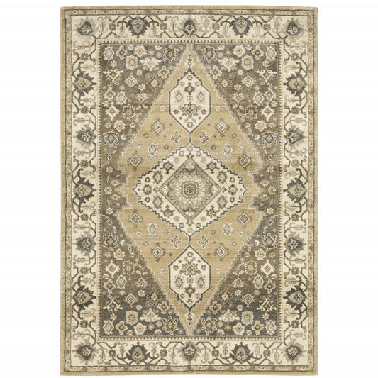 5' X 8' Beige Grey Tan And Charcoal Oriental Power Loom Stain Resistant Area Rug