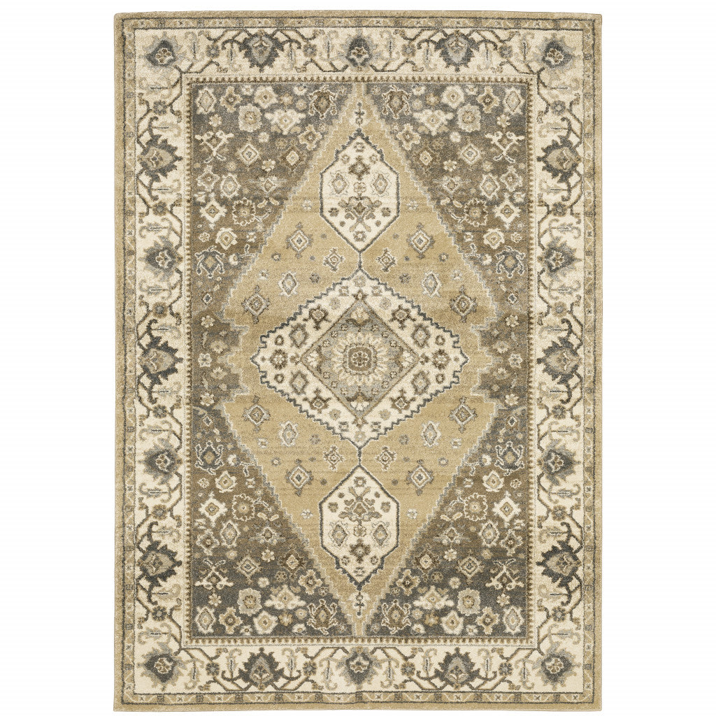 8' X 11' Beige Grey Tan And Charcoal Oriental Power Loom Stain Resistant Area Rug