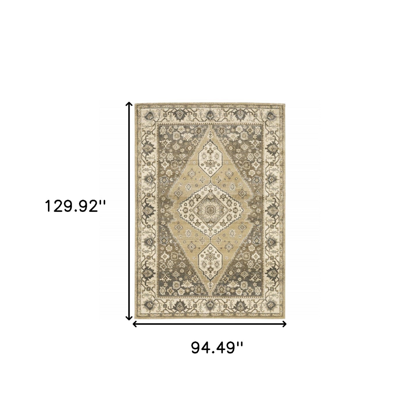 8' X 11' Beige Grey Tan And Charcoal Oriental Power Loom Stain Resistant Area Rug