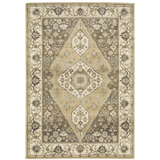 10' X 13' Beige Grey Tan And Charcoal Oriental Power Loom Stain Resistant Area Rug