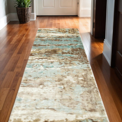 2' X 10' Blue And Brown Abstract Hand Loomed Stain Resistant Runner Rug