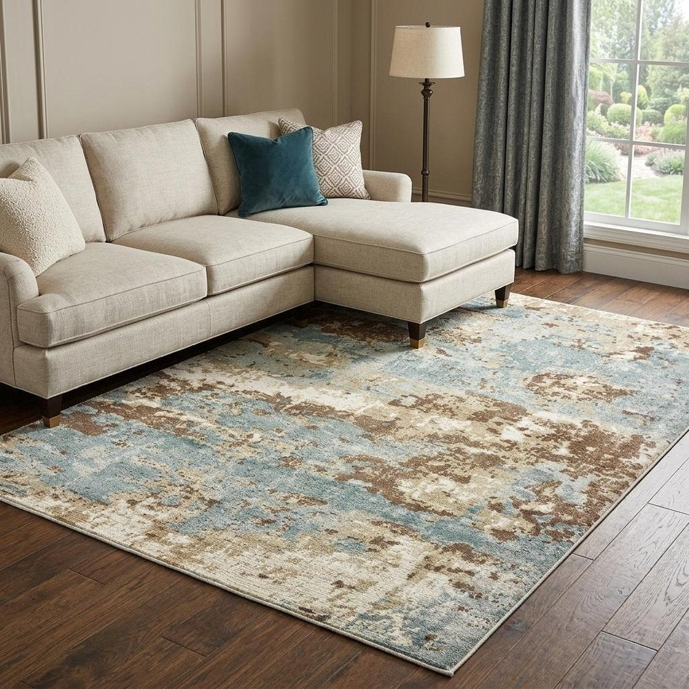 6' X 9' Blue And Brown Abstract Hand Loomed Distressed Area Rug
