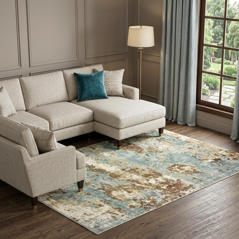 6' X 9' Blue And Brown Abstract Hand Loomed Distressed Area Rug