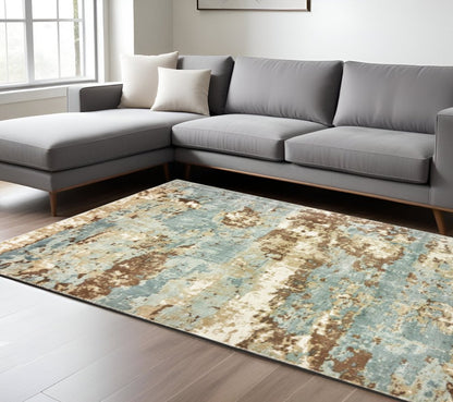 8' X 10' Blue And Brown Abstract Hand Loomed Stain Resistant Area Rug